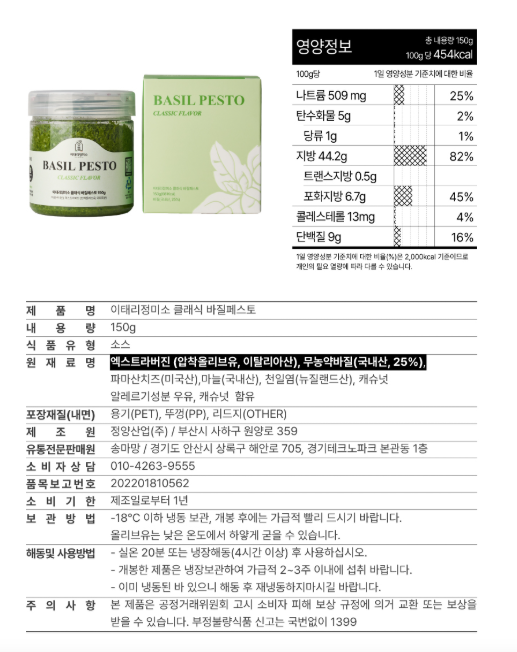 바질페스토 영양 정보 표 참고